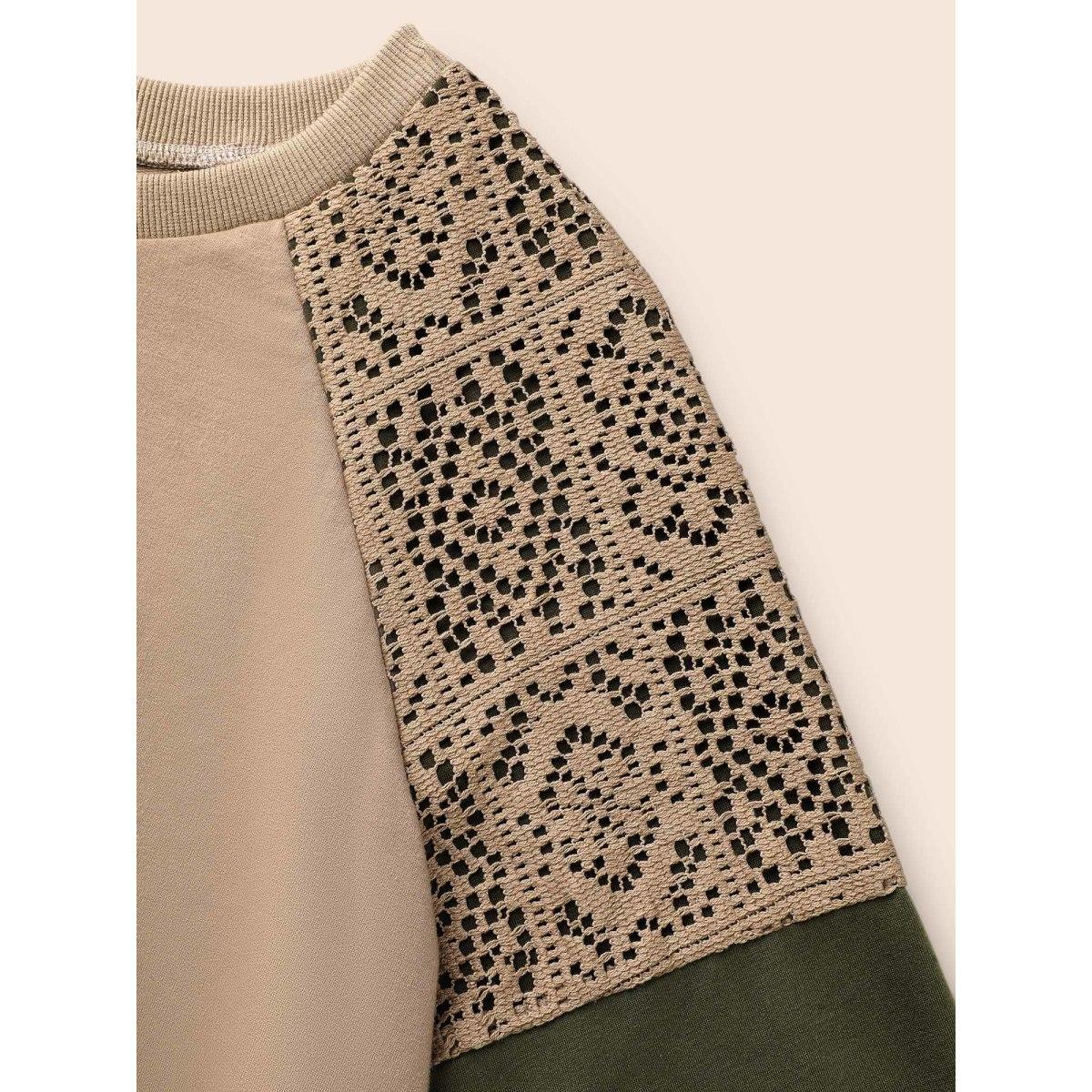 Plus Size Lace Patchwork Contrast Raglan Sleeve Sweatshirt Women Tan Casual Contrast Round Neck Everyday Sweatshirts BloomChic 12/L Product Image