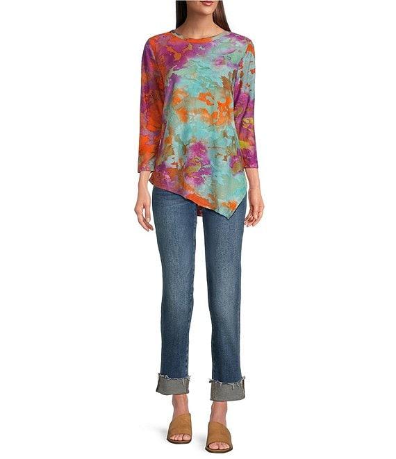 Calessa Petite Size Burnout Tie-Dye Crew Neck 3/4 Sleeve Asymmetric Hem Tunic Product Image