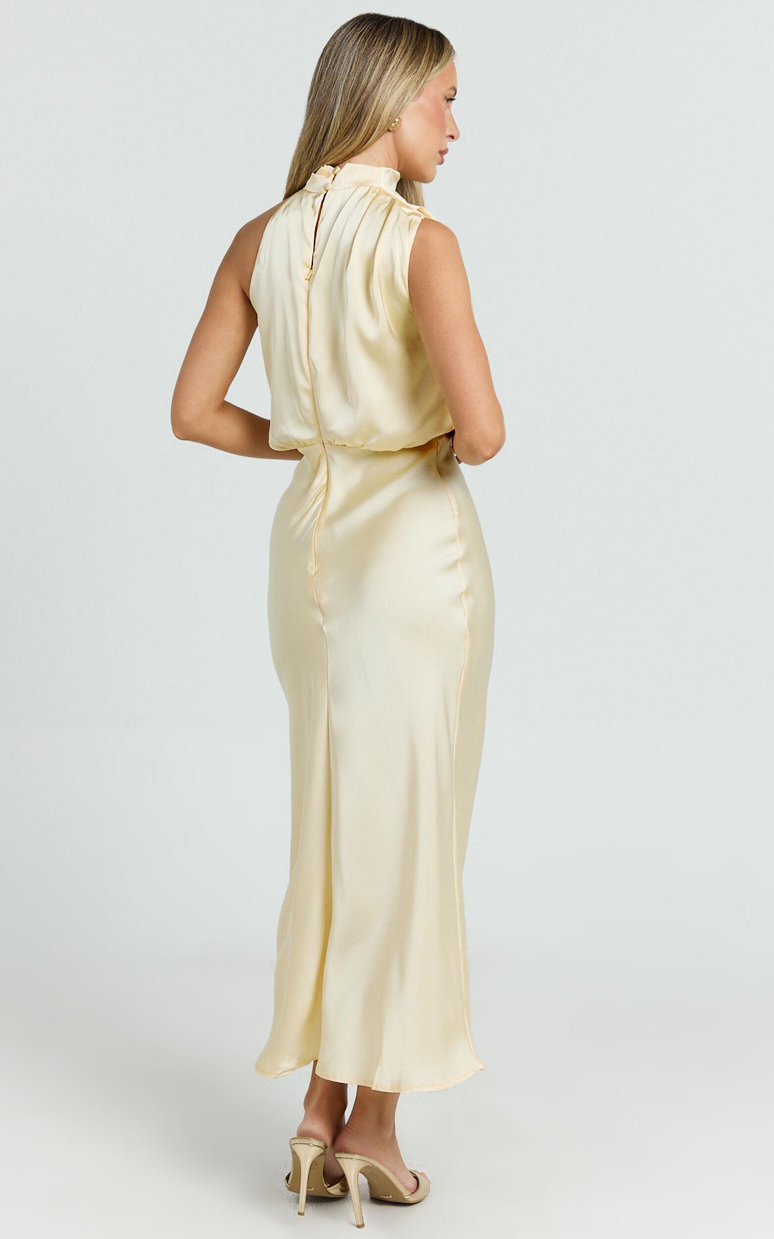 Minnie Midi Dress - Drape Neck Satin Slip Dress in Butter Yellow Product Image