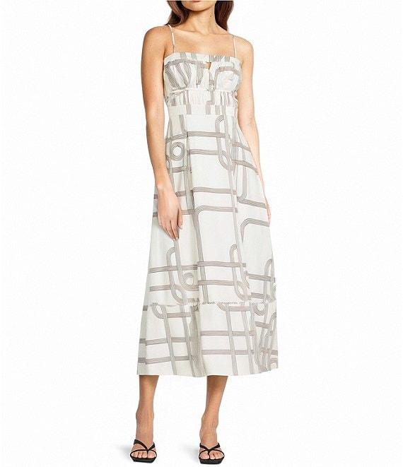 Le' AL.X Knot Print Woven Ruched Straight Keyhole Neck Spaghetti Strap A-Line Midi Coordinating Dress Product Image