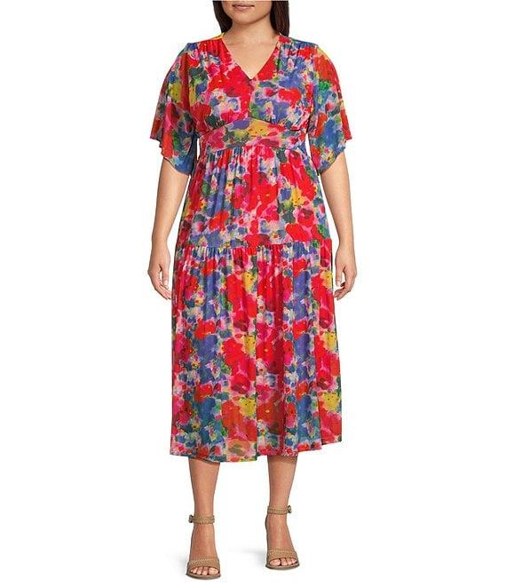 Calessa Plus Size Abstract Brushstroke Print V-Neck Short Sleeve Empire Waist Dress Product Image