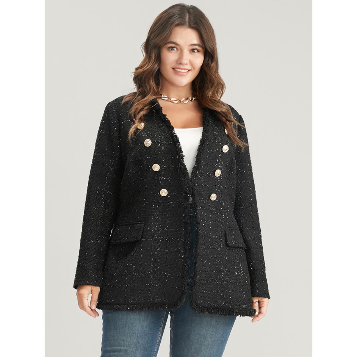 Plus Size Solid Flap Pocket Button Detail Blazer Black Women Going out Plain Button Sleeve Long Sleeve V-neck 10/M Pocket Party Blazers BloomChic Product Image
