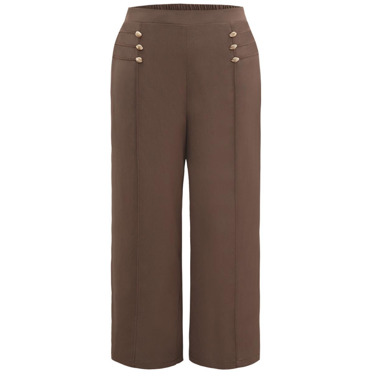 Plus Size Static-Free Button Detail Seam Detail Elastic Waist Pants Women Tan At the Office Wide Leg High Rise Office Pants BloomChic 30/6X Product Image