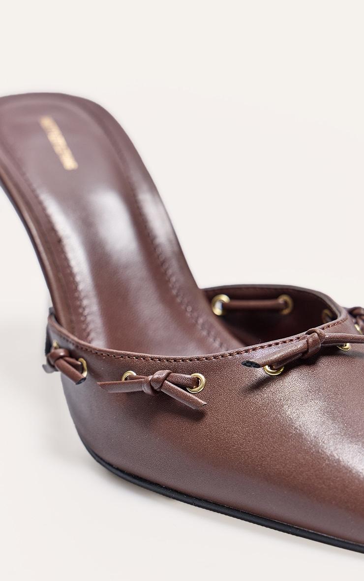 Chocolate Pu Point Toe Bow Mid Stiletto Heeled Court Mules Product Image