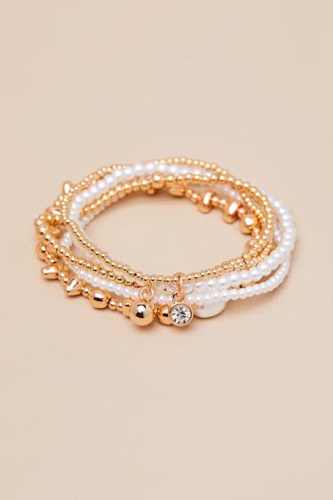 Giginna Gold and White Beaded Five-Piece Bracelet Set Product Image