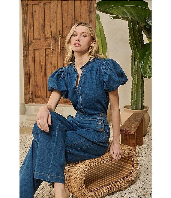 Sugarlips Jamie Stretch Denim Jayla Split Neck Short Puff Sleeves Button Front Coordinating Shirt Product Image