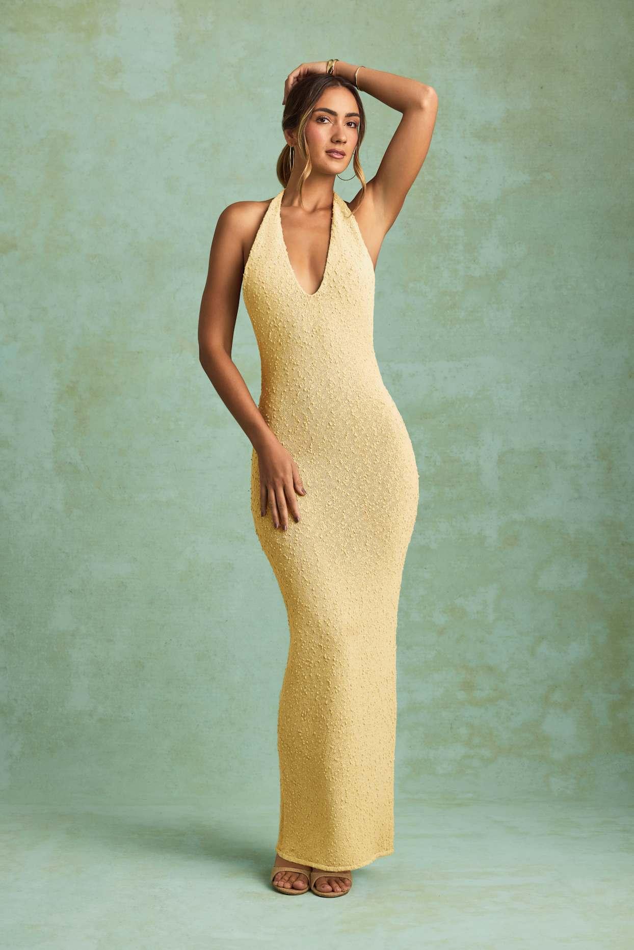 Bouclé Halterneck Maxi Dress in Yellow Girls Product Image