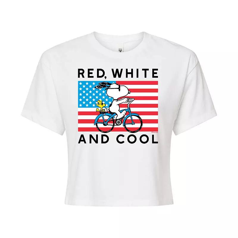 Juniors' Peanuts Bike Riding Snoopy "Red, White & Cool" Cropped Tee, Girl's,  Product Image