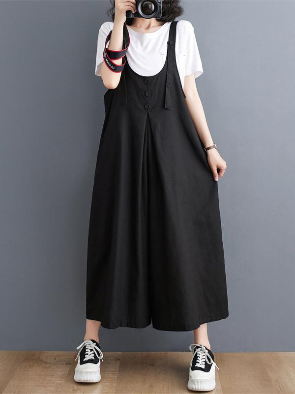 Ninth Pants Wide Leg Buttoned Solid Color Spaghetti-Neck Overalls Product Image