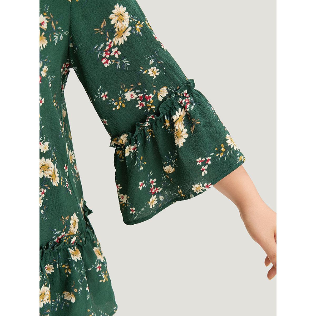 Plus Size DarkGreen Floral Print Knot Neck Ruffle Trim Blouse Women Elegant Elbow-length sleeve Tie Neck Dailywear Blouses BloomChic 12/L Product Image