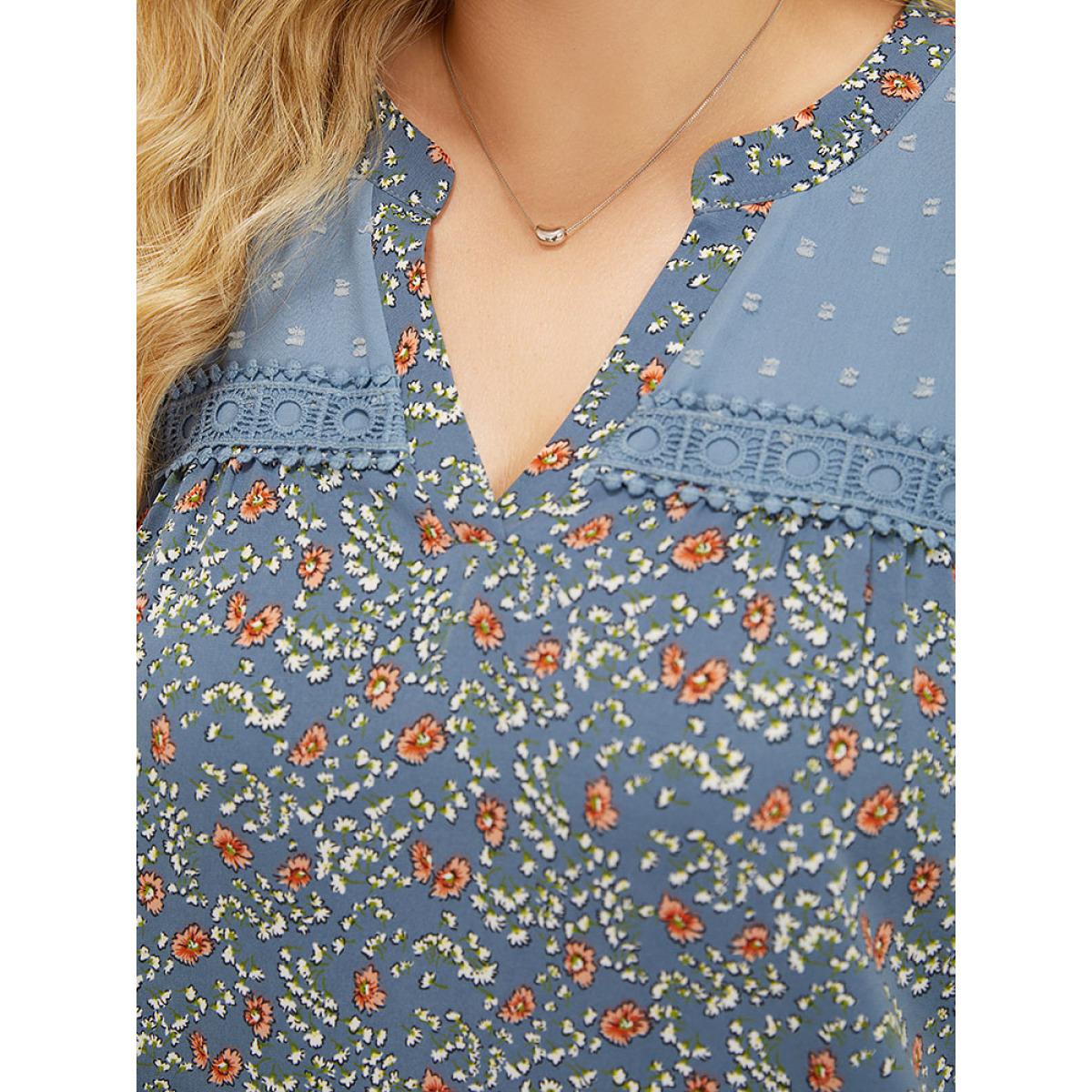 Plus Size Stone Ditsy Floral & Polka Dot Lace Notched Neck Blouse Women Elegant Short sleeve Notched collar Dailywear Blouses BloomChic 10/M Product Image