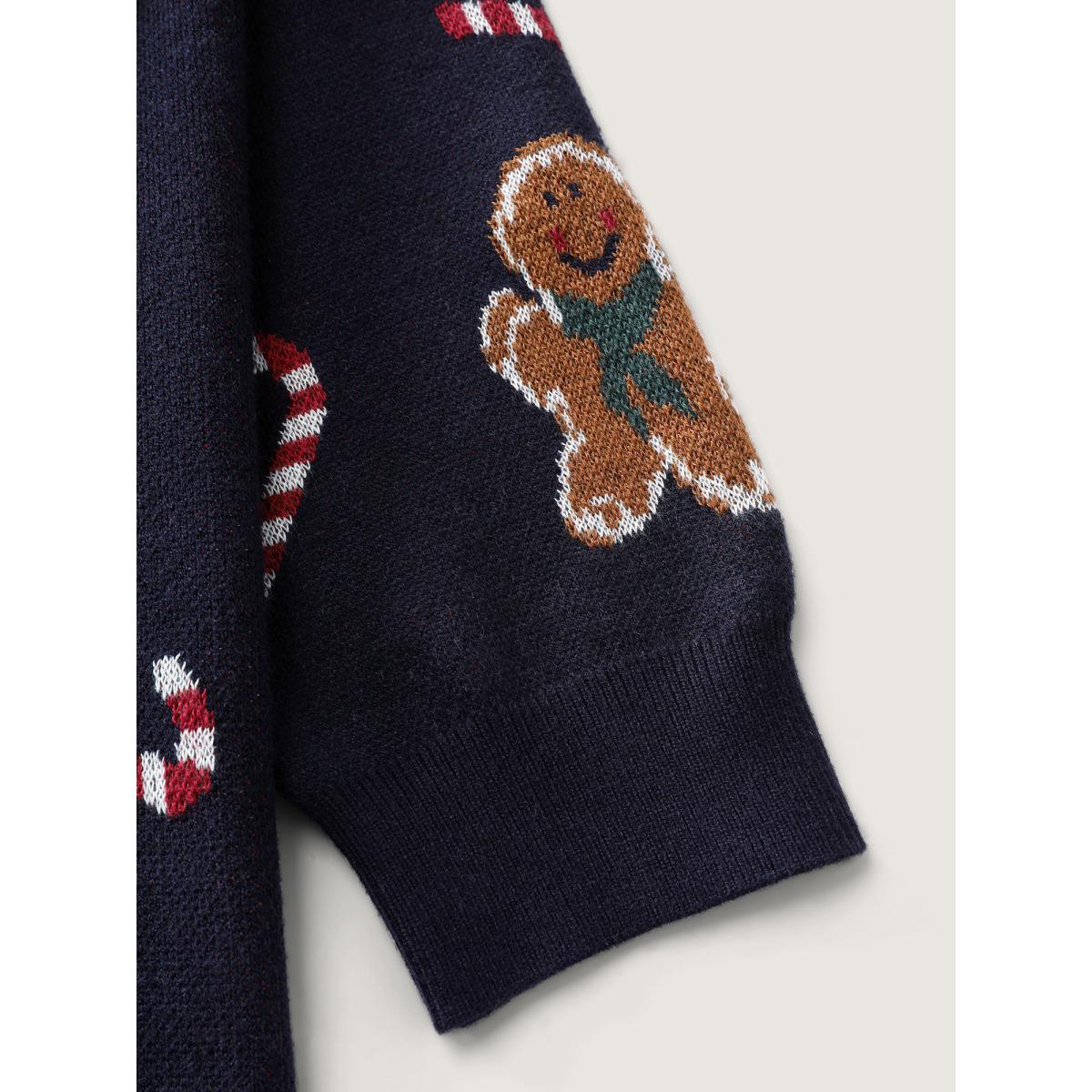 Plus Size Gingerbread Holiday Jacquard Round Neck Pullover Navy Women Leisure Loose Long Sleeve Round Neck Casual Pullovers BloomChic 22-24/3X Product Image