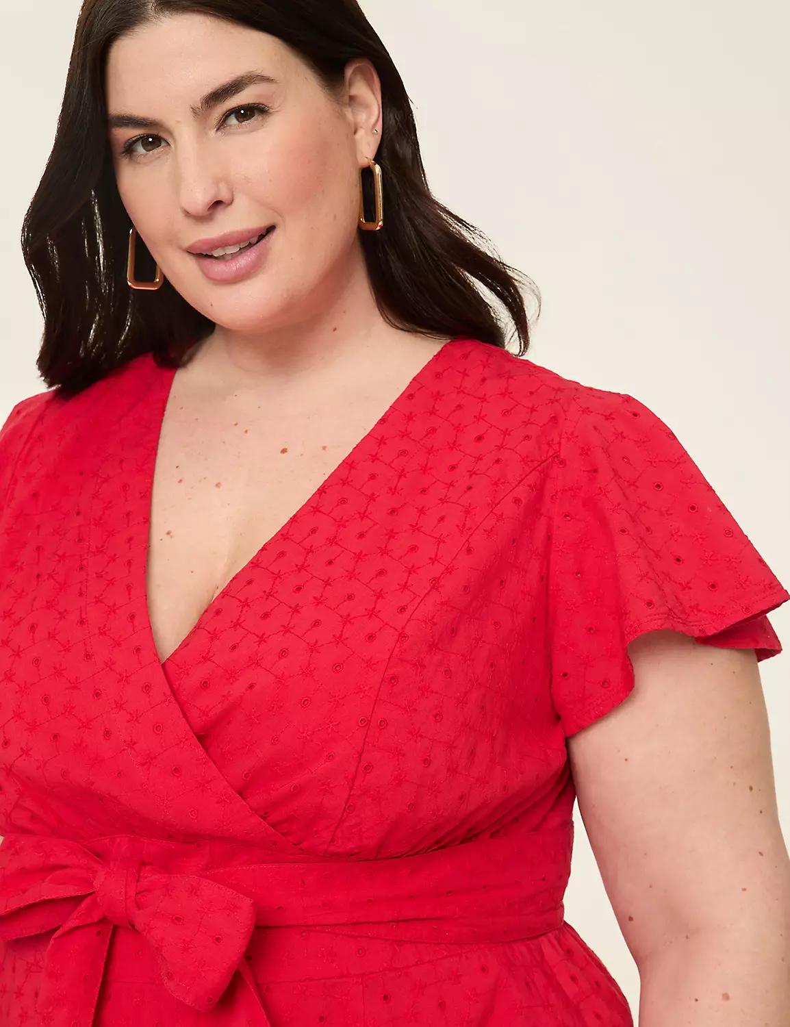 Lena Eyelet Surplice-Neck Flutter-Sleeve Dress Product Image