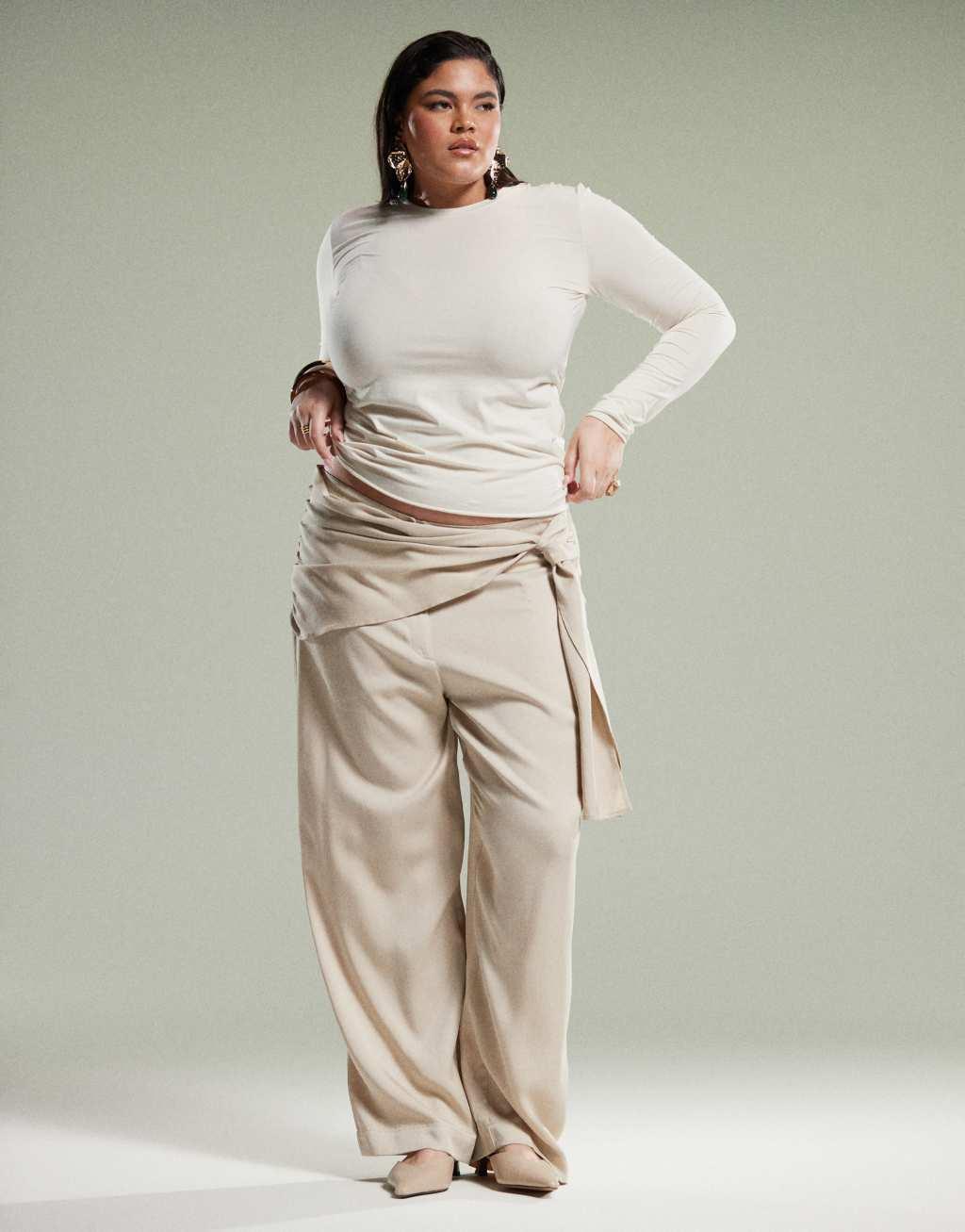 ASOS DESIGN Curve tapered pants with wrap detail in stone Product Image