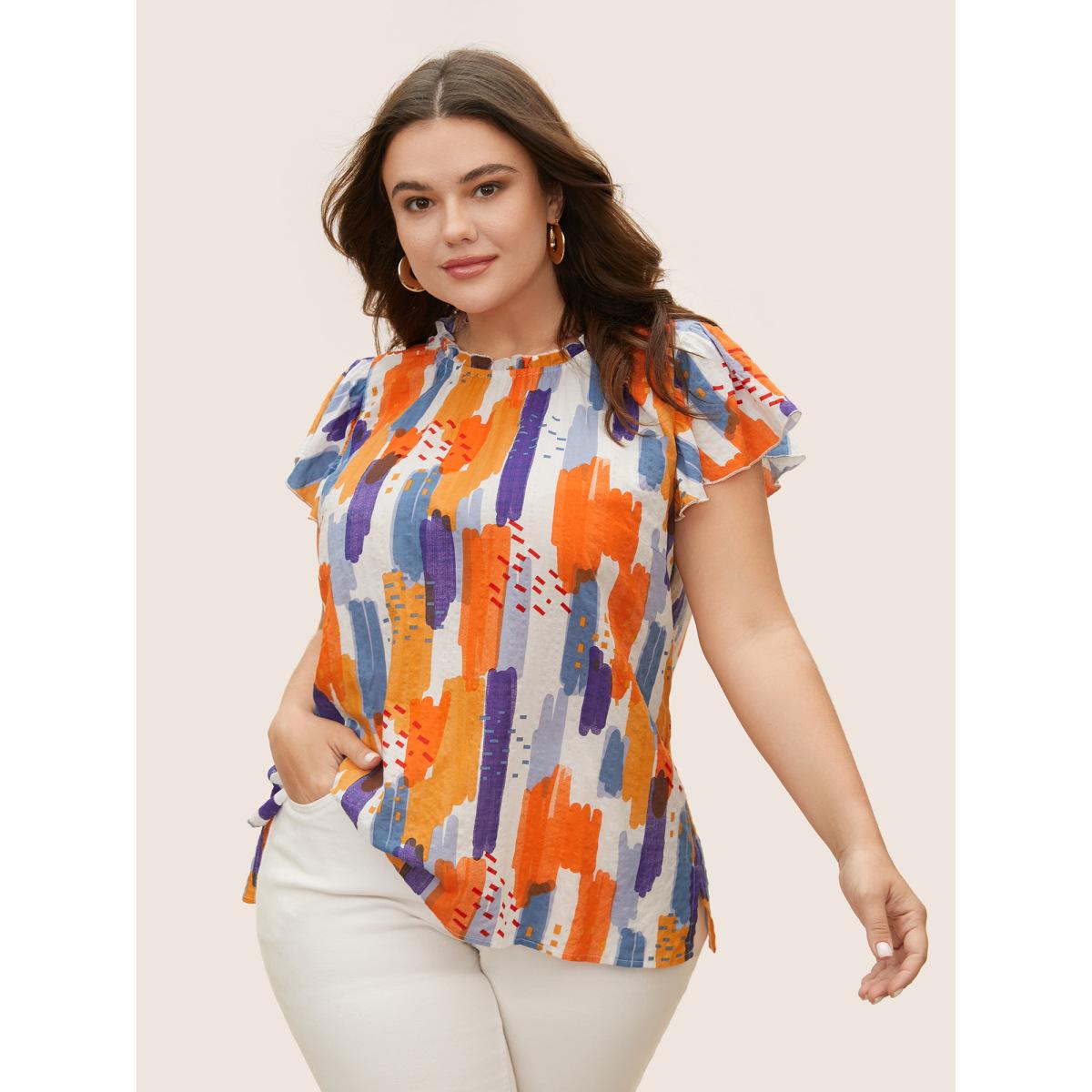 Plus Size Multicolor Brush Print Split Side Cap Sleeve Blouse Women Elegant Cap Sleeve Stand-up collar Everyday Blouses BloomChic 12/L Product Image