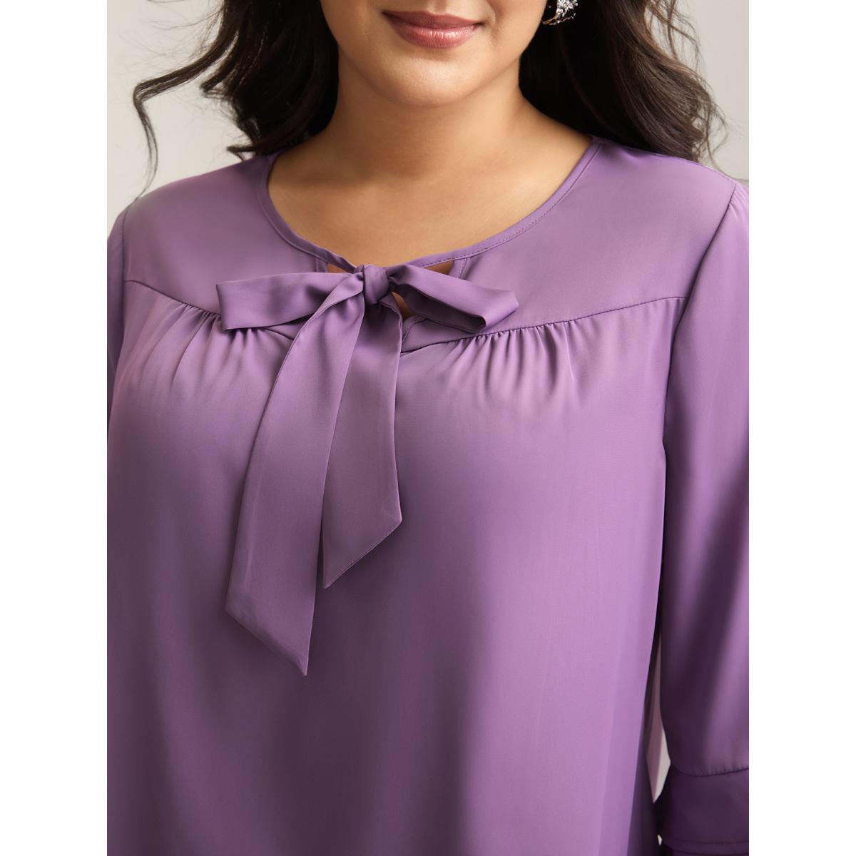Plus Size Purple Solid Ribbon Tied Collar Bell Sleeve Blouse Women At the Office Elbow-length sleeve Ribbon-tied collar Office Blouses BloomChic 18-20/2X Product Image