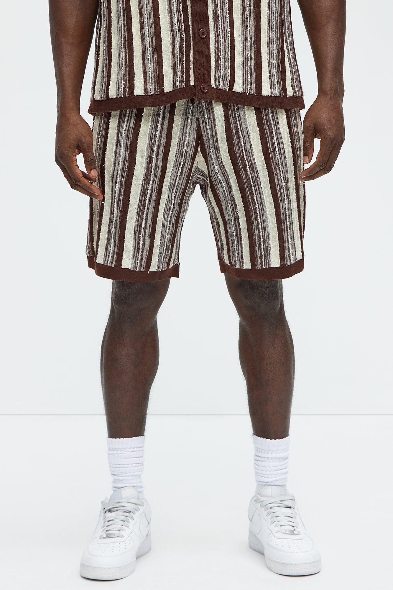 Textured Stripes Knitted Shorts - Brown/combo Product Image