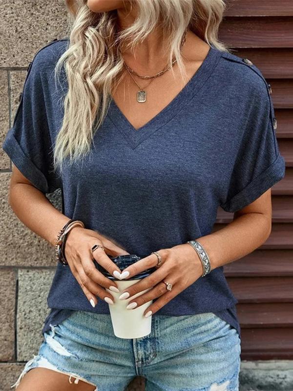 Loose Short Sleeves Buttoned Solid Color V-Neck T-Shirts Tops Product Image