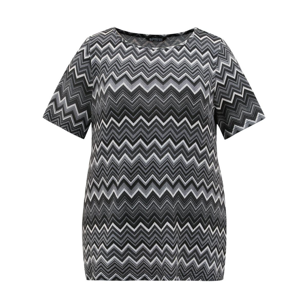 Plus Size Geometric Striped Short Sleeve T-shirt Gray Women Casual Printed Geometric Round Neck Dailywear T-shirts BloomChic 12/L Product Image