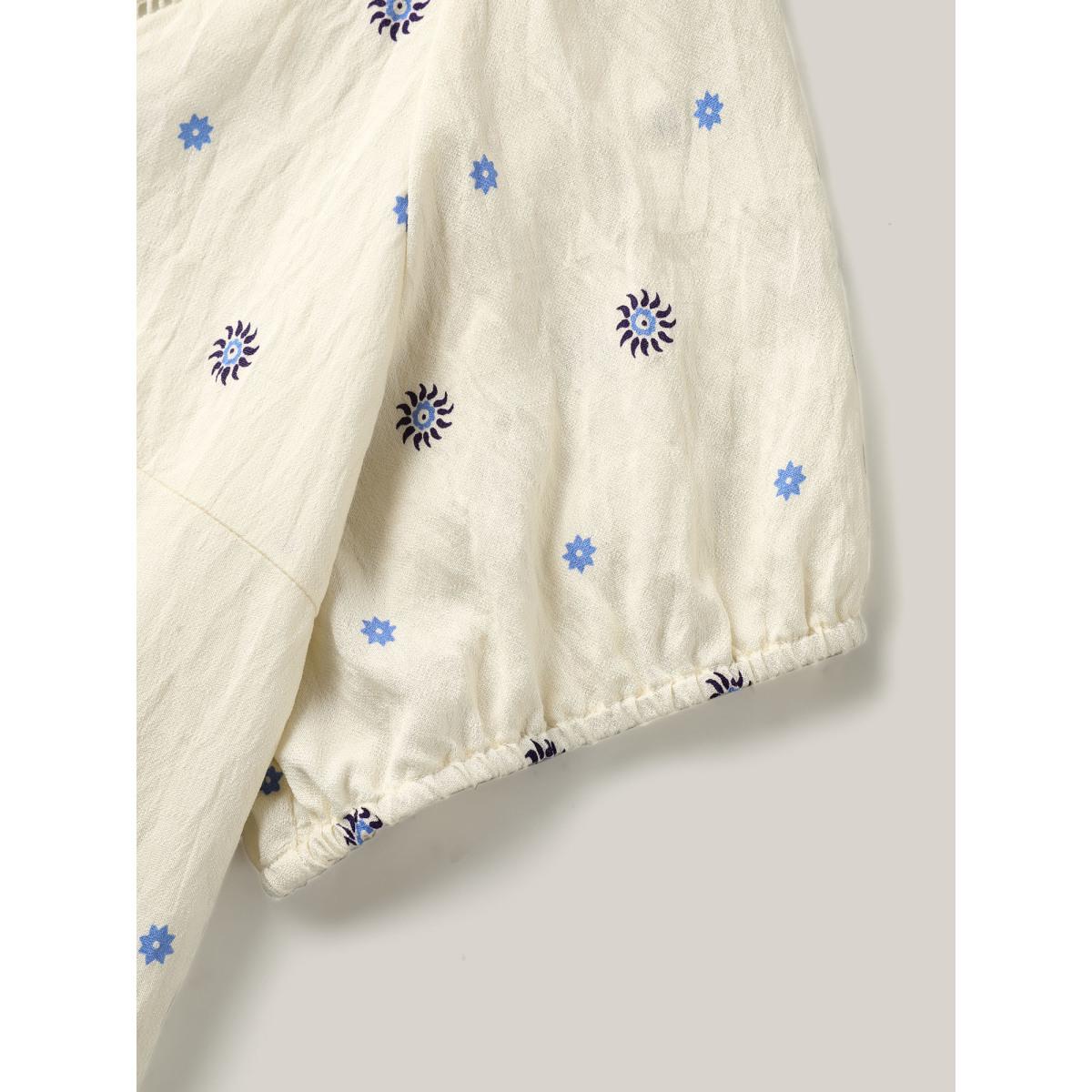 Plus Size LightBlue Boho Print Notched Collar Blouse Women Boho Short sleeve Flat collar with V-notch Vacation Blouses BloomChic 18-20/2X Product Image