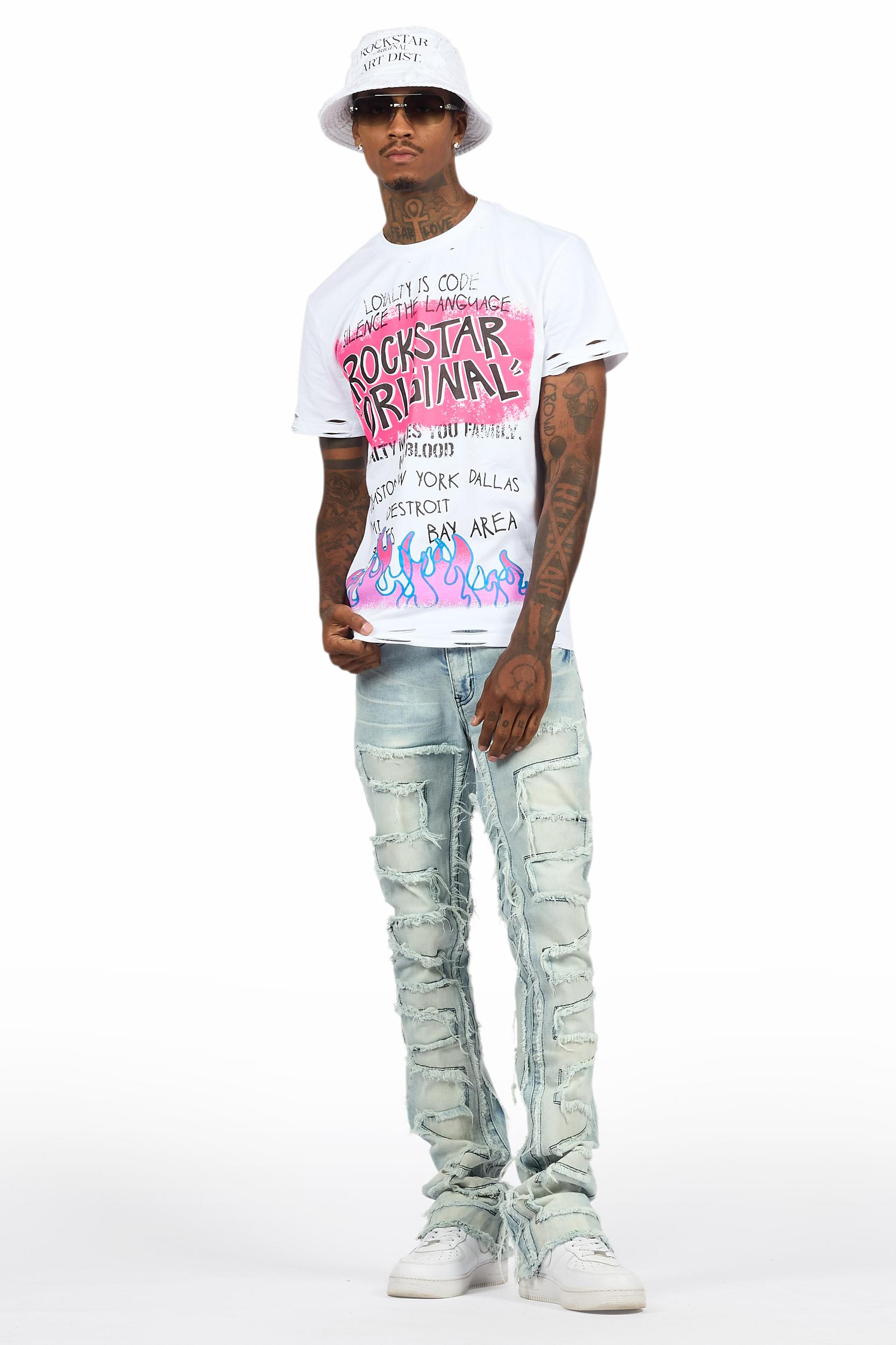 Beno White T-Shirt & Shake Blue Stacked Flare Jean Bundle Male Product Image