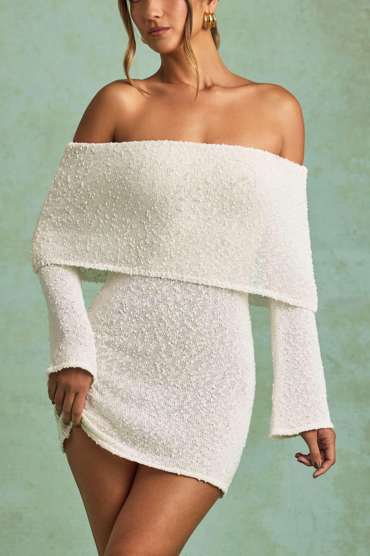 Bouclé Off-Shoulder Mini Dress in White Product Image