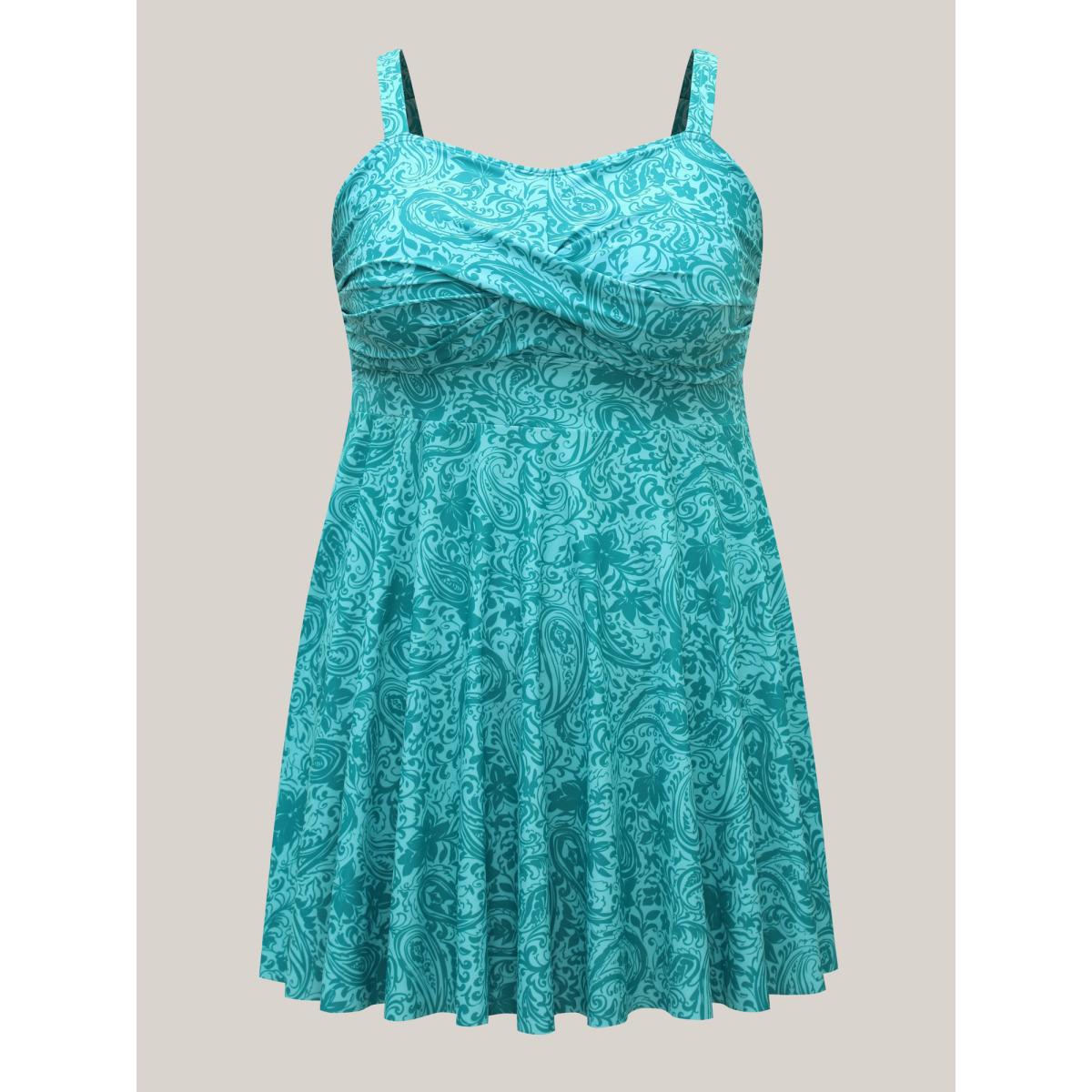 Plus Size Paisley Print Twist Front Swim Dress Women's Swimwear Turquoise Resort Bodycon U-neck High stretch Curve Swim Dresses BloomChic 10/M Product Image