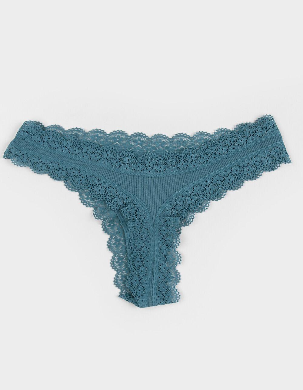 FULL TILT Seamless Rib Lace Trim Thong - TEAL BLUE Product Image