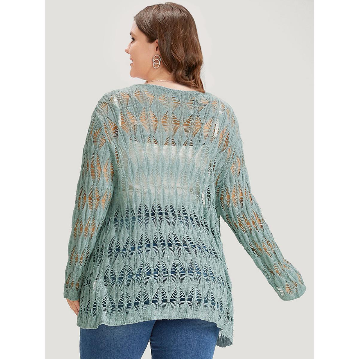 Plus Size Solid Tie Front Hollow Out Cardigan Stone Women Casual Loose Long Sleeve Everyday Cardigans BloomChic 12/L Product Image