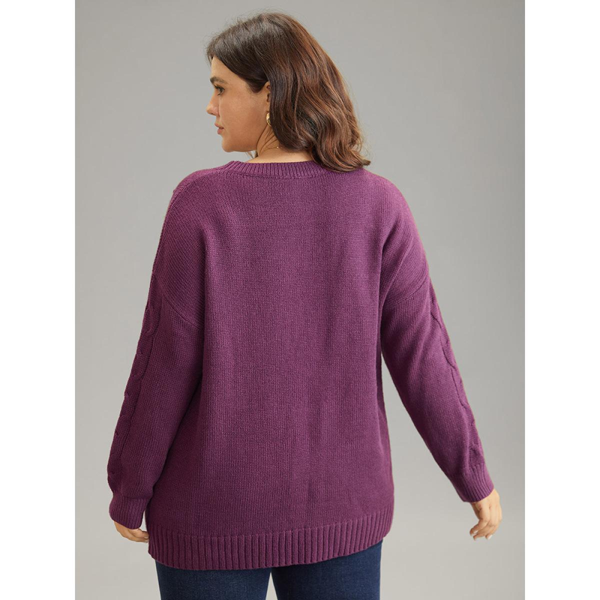 Plus Size Plisse Floral Solid Elastic Cuffs Pullover Purple Women Casual Loose Long Sleeve Round Neck Dailywear Pullovers BloomChic 14-16/1X Product Image