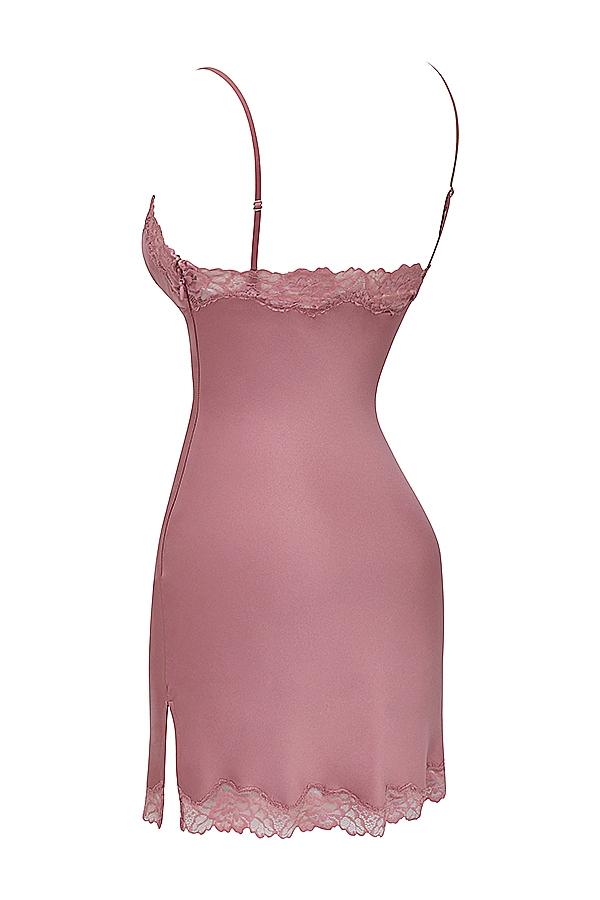 Nia  rose pink satin & lace slip dress Product Image
