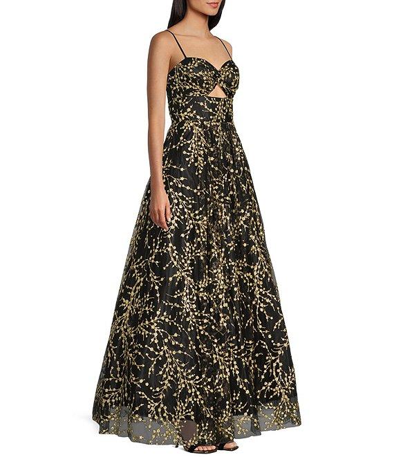 Blondie Nites Mesh Glitter Floral Sweetheart Neck Sleeveless Long Dress Product Image