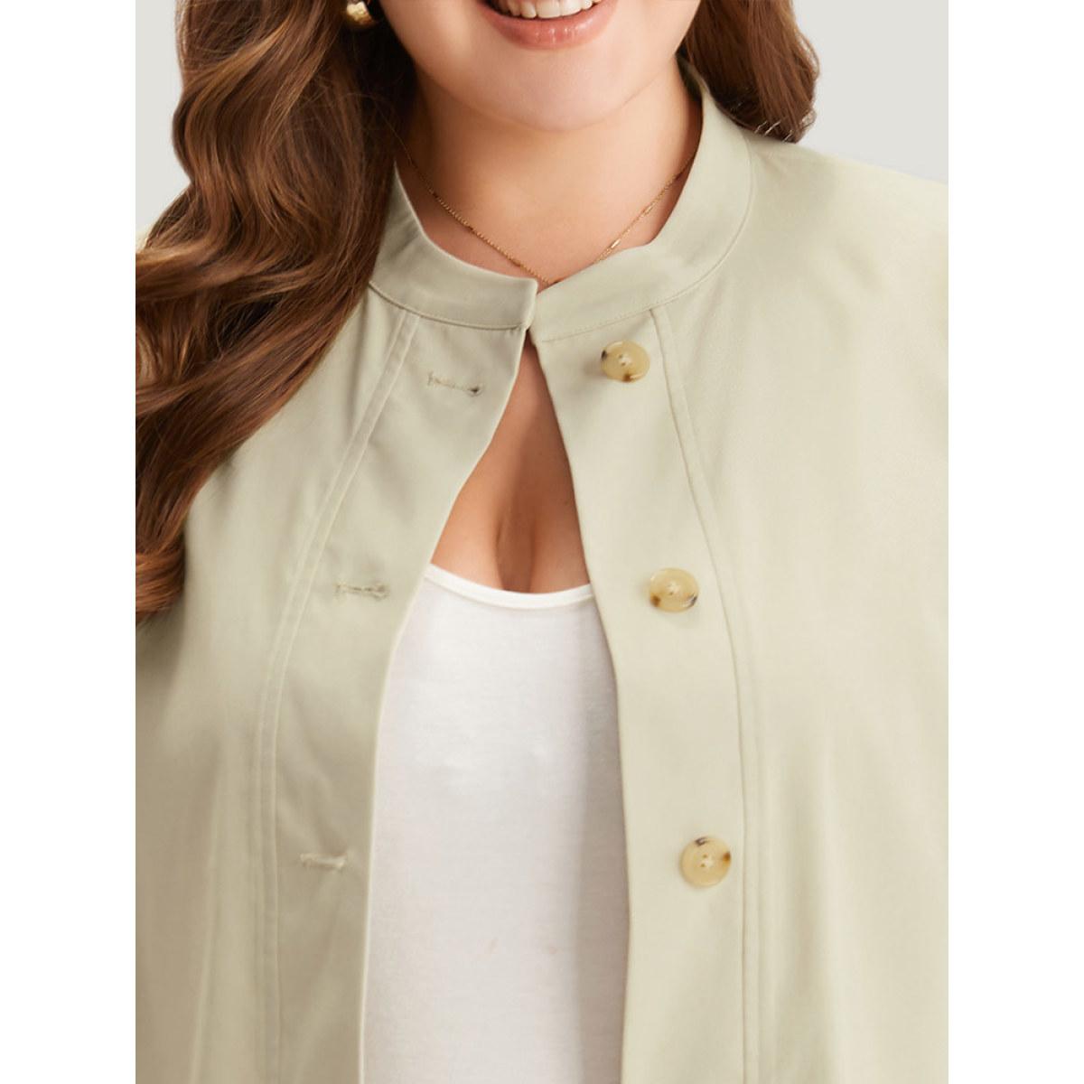 Plus Size Solid Stand Collar Drawstring Flap Pocket Jacket Women Ivory Casual Plain Ladies Dailywear Winter Coats BloomChic 28/5X Product Image