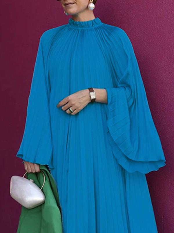 Flared Sleeves Loose Pleated Ruffled Solid Color Split-Joint High Neck Maxi Dresses Product Image