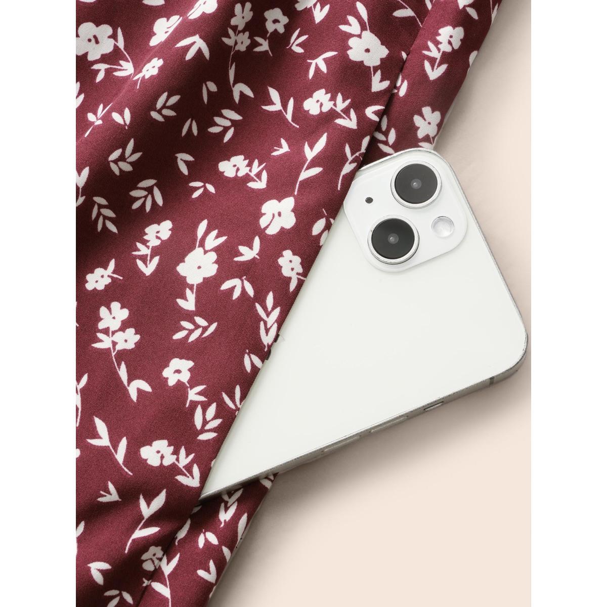 Plus Size Ditsy Floral U Neck Ruffle Sleeve Dress Burgundy Women Elegant Non U-neck Short sleeve Curvy BloomChic 10/M Product Image