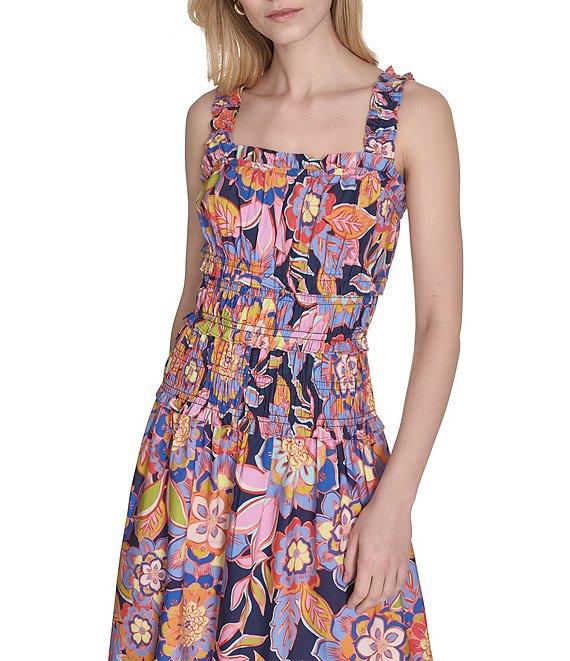 Eliza J Square Neck Sleeveless Smocked Abstract Floral Cotton Poplin Midi Sundress Product Image