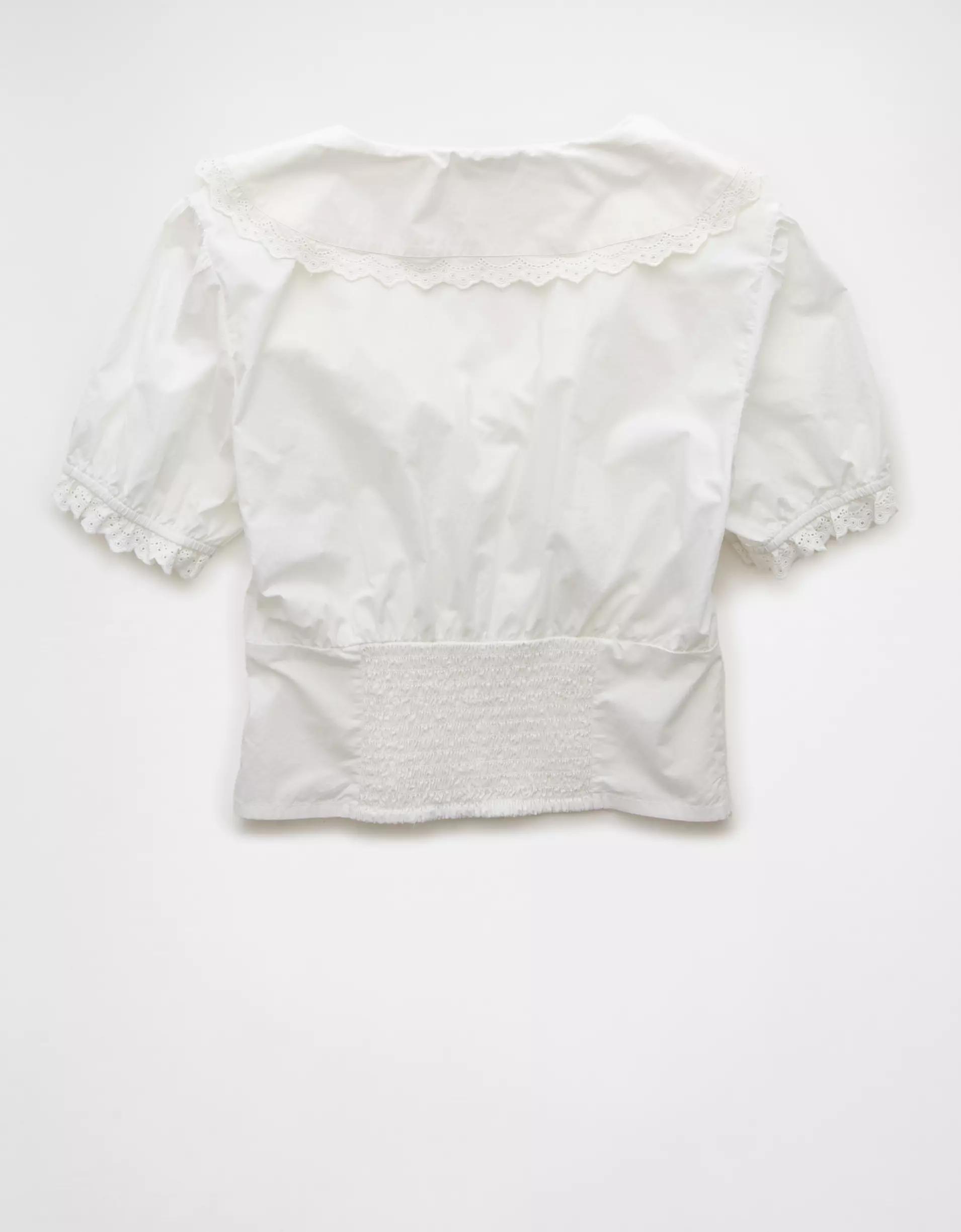 AE Short-Sleeve Ruffle Collar Eyelet Crop Top Product Image