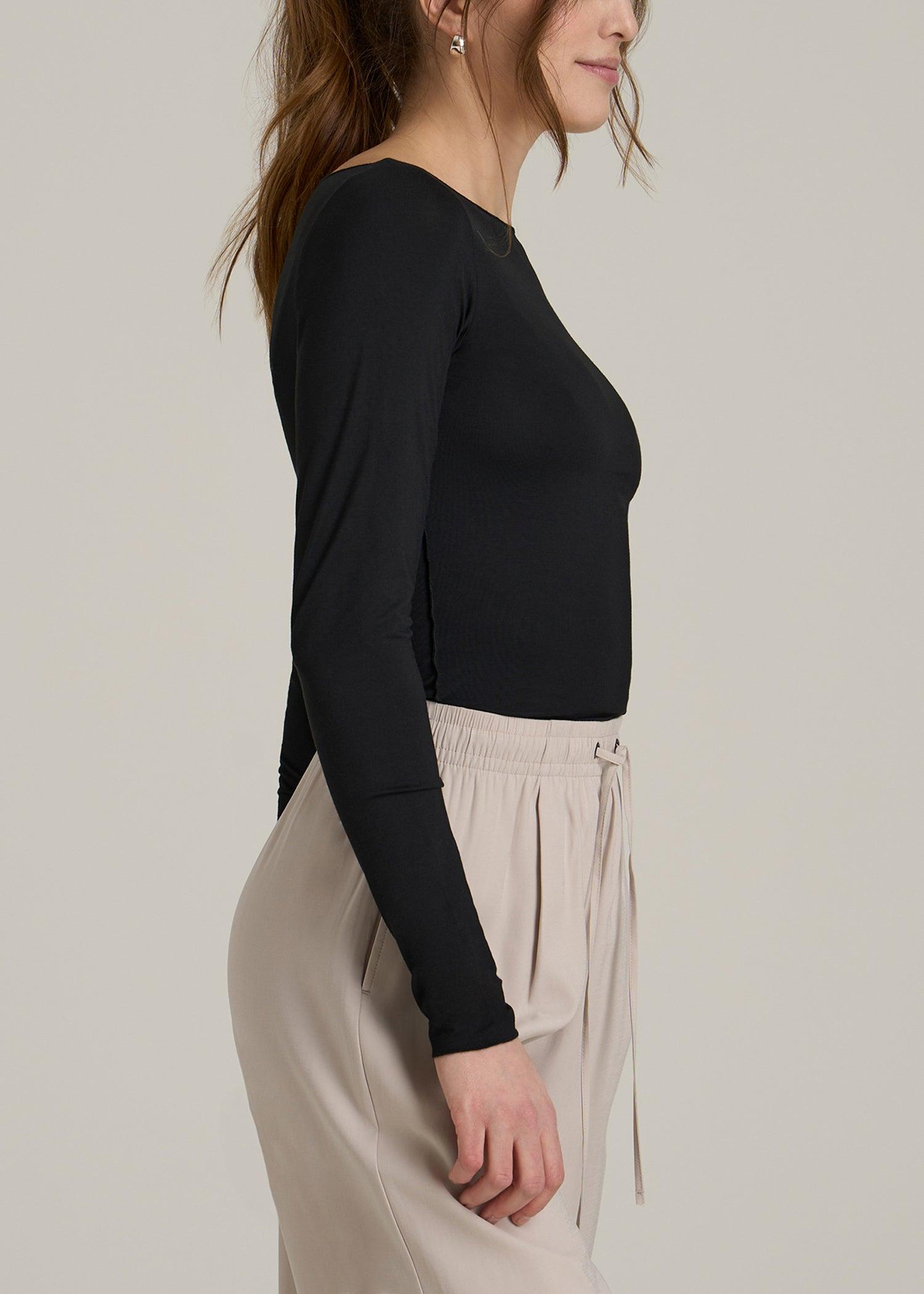 Boatneck Long Sleeve Exposed Seam Top for Tall Women in Black Female Product Image