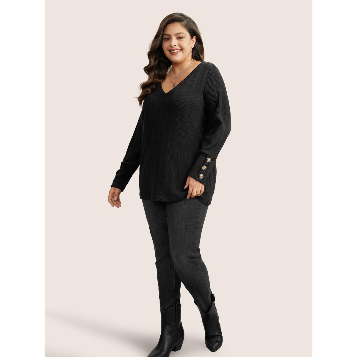 Plus Size Rib Knit V Neck Button Detail T-shirt Black Women Casual Non Plain V-neck Everyday T-shirts BloomChic 28/5X Product Image