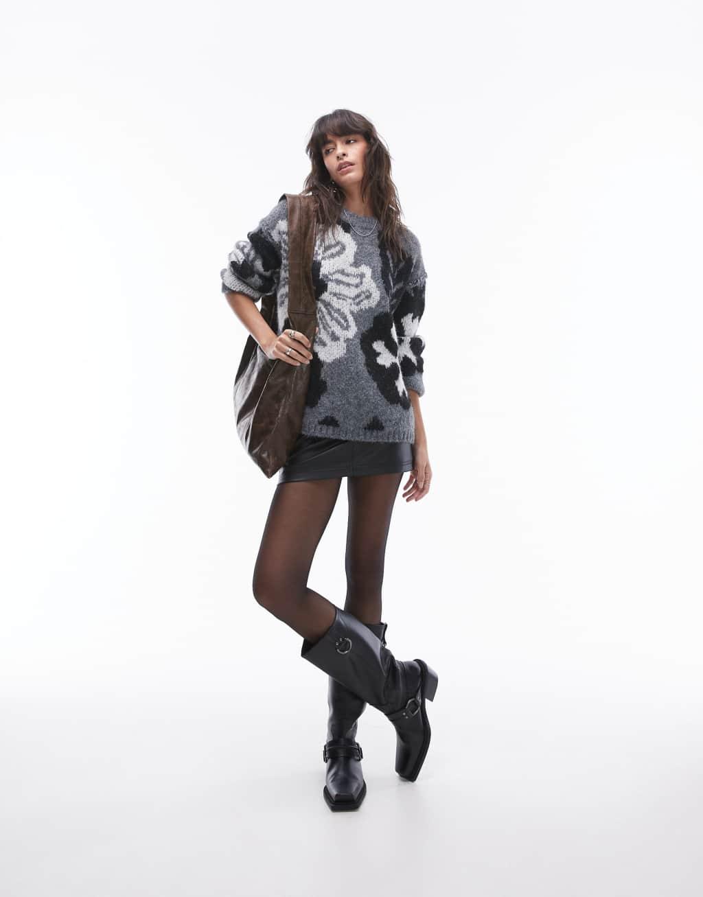 Topshop knitted large floral oversized sweater in gray Product Image