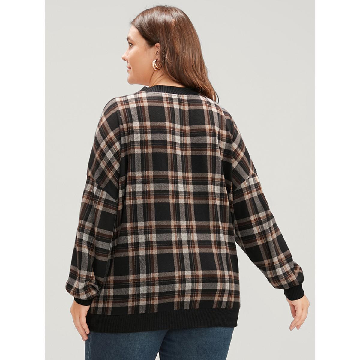 Plus Size Contrast Trim Lantern Sleeve Tartan Wrap Sweatshirt Women DarkBrown Elegant Wrap V-neck Dailywear Sweatshirts BloomChic 14-16/1X Product Image