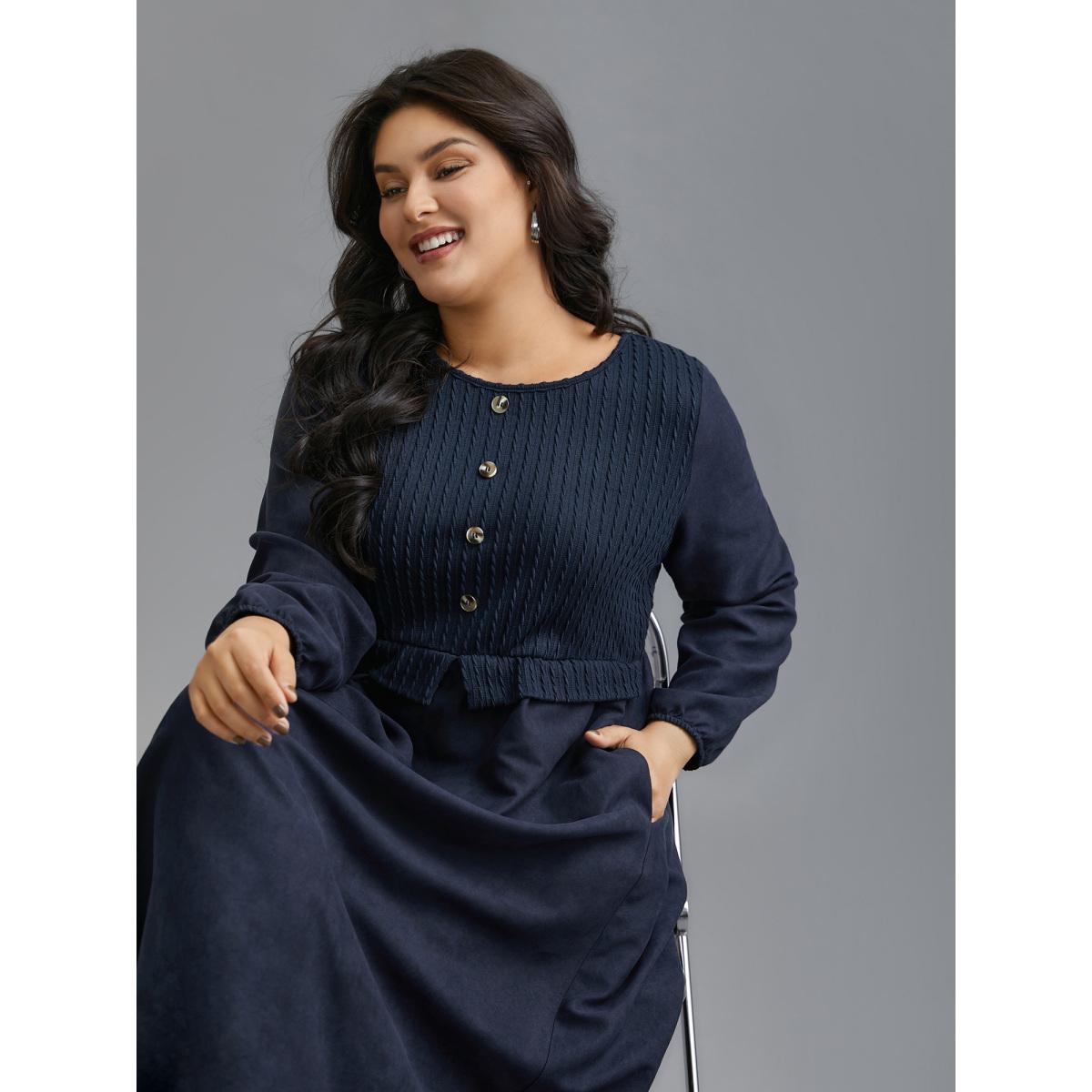Plus Size Textured Button Detail Lantern Sleeve Dress Indigo Women Casual Texture Round Neck Long Sleeve Curvy BloomChic 22-24/3X Product Image