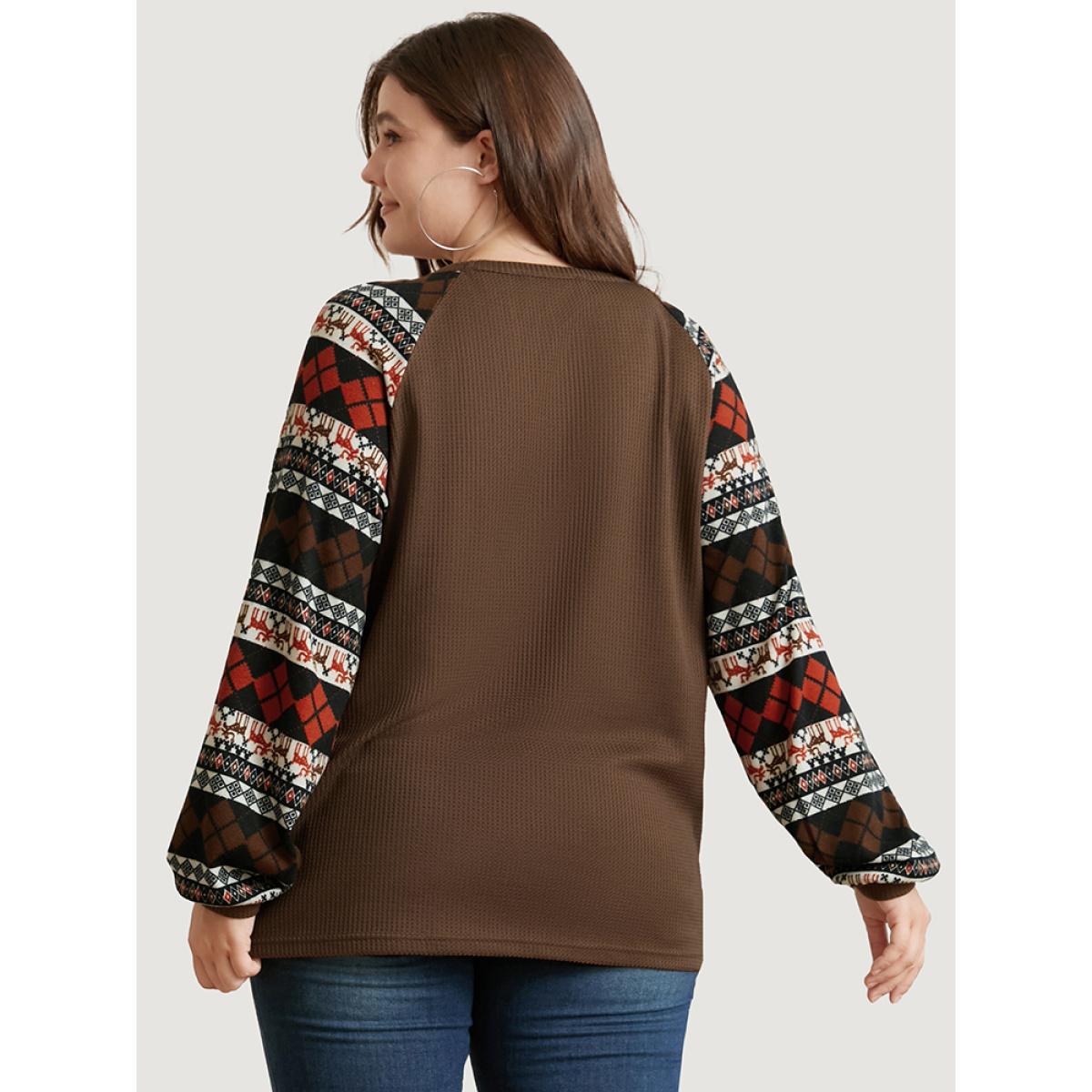 Plus Size Elk Geometric Patchwork Waffle Knit Sweatshirt Women DarkBrown Elegant Contrast V-neck Dailywear Sweatshirts BloomChic 14-16/1X Product Image