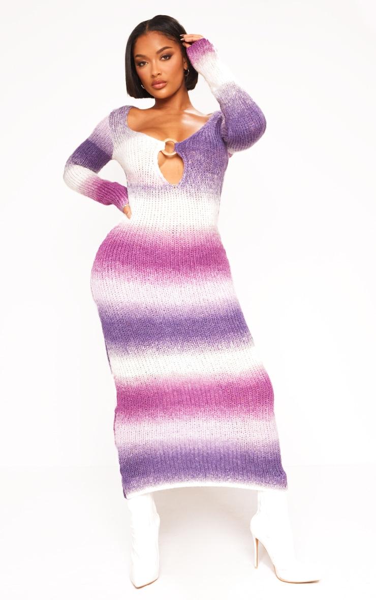  Shape Purple Ombre Knit Plunge Ring Long Sleeve Midaxi Dress Product Image