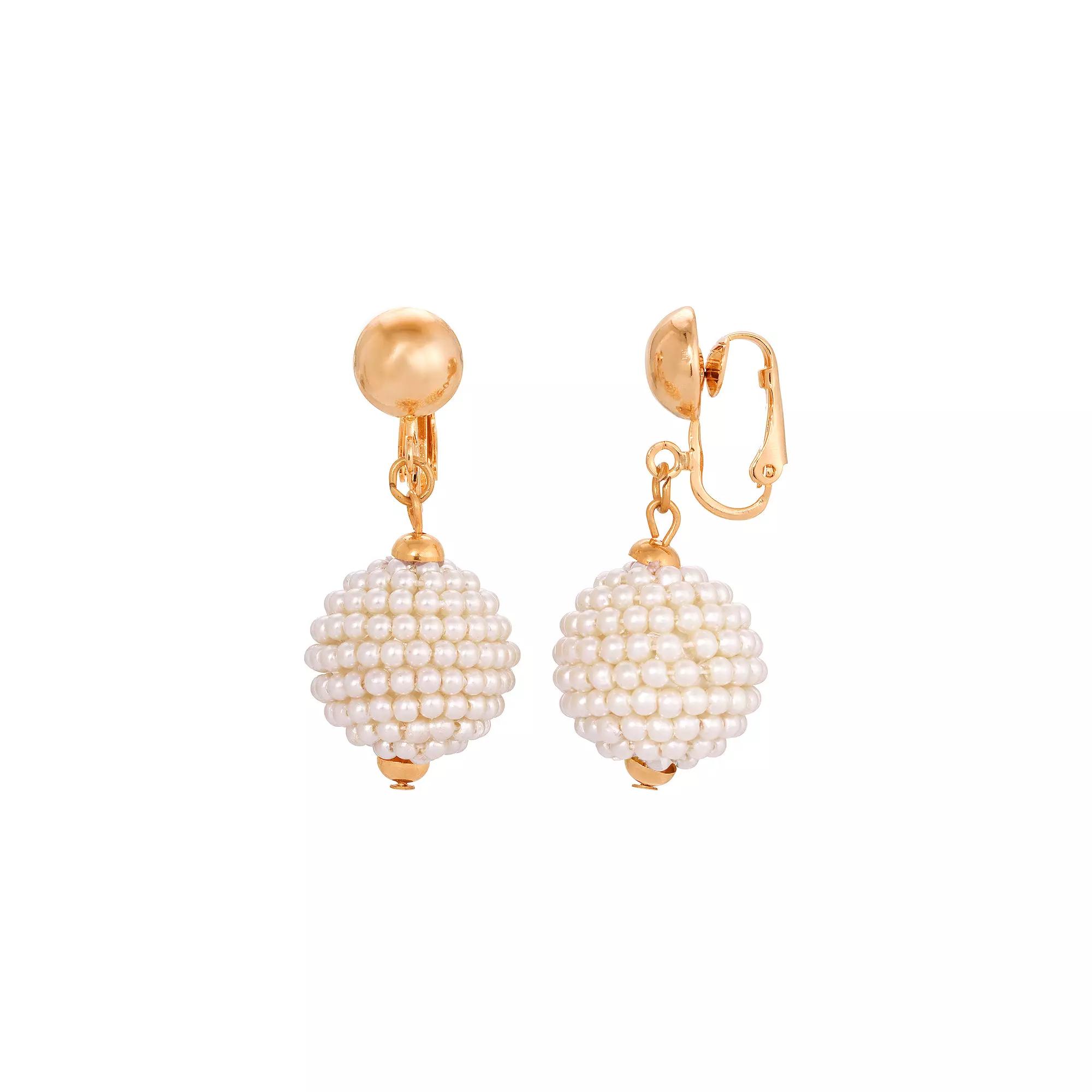 1928 Gold Tone Faux Pearl Round Clip-On Earrings, Womens, White Product Image