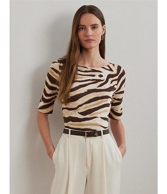 Lauren Ralph Lauren Stretch Cotton Zebra Boat Neck Elbow Sleeve Tee Product Image