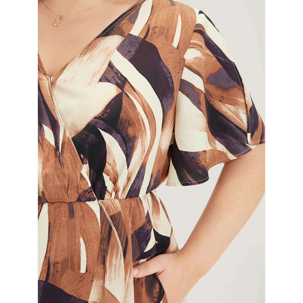 Plus Size Allover Print Pocket Wrap Ruffle Irregular Hem Dress DarkBrown Women Elegant Wrap V-neck Short sleeve Curvy Midi Dress BloomChic 18-20/2X Product Image