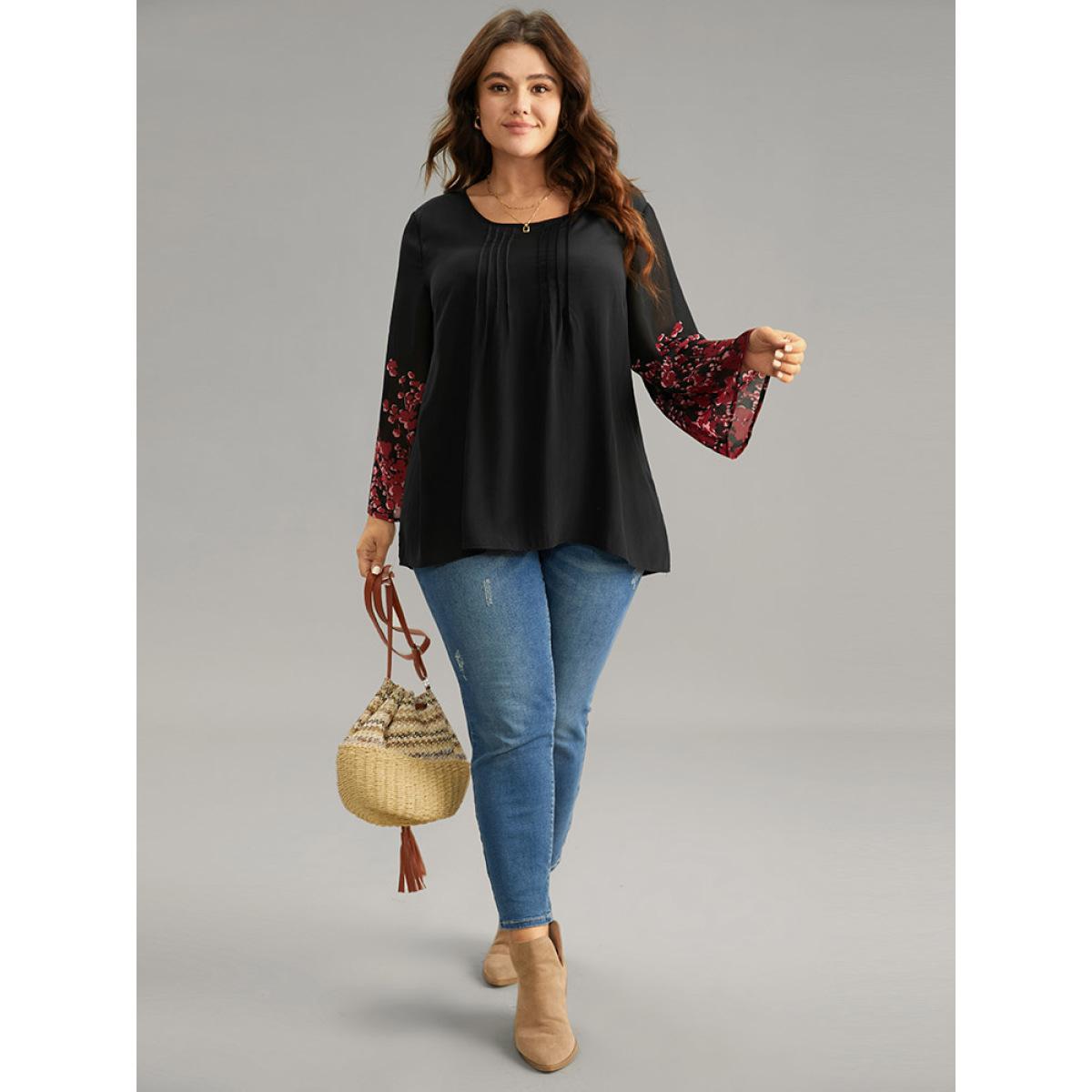 Plus Size Black Boho Print Pleated Mesh Ruffle Sleeve Blouse Women Vacation Long Sleeve Round Neck Dailywear Blouses BloomChic 14-16/1X Product Image