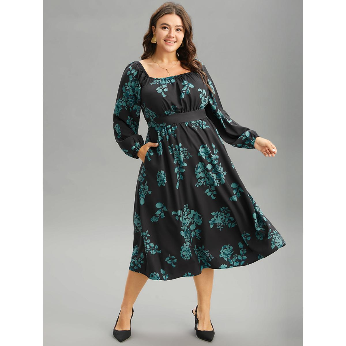 Plus Size Silhouette Floral Print Square Neck Gathered Dress Black Women Elegant Elastic cuffs Square Neck Long Sleeve Curvy Midi Dress BloomChic 10/M Product Image