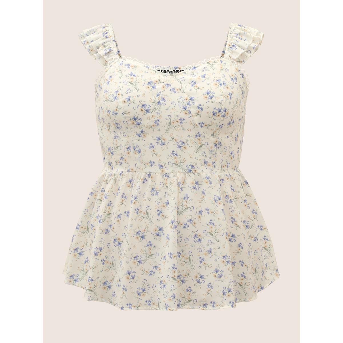 Plus Size Ditsy Floral Tiered Ruffles Lace Trim Tank Top Women WhiteSmoke Elegant Woven ribbon&lace trim Heart neckline Everyday Tank Tops Camis BloomChic 28/5X Product Image